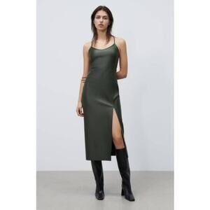 Green ZARA Leather Sheath Midi Dress M